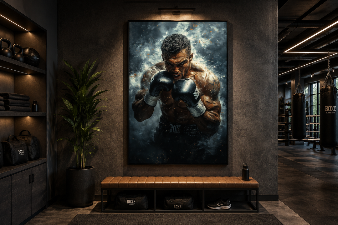 Motivational boxer wall art print in a dark gym setting above a leather bench and sports gear.