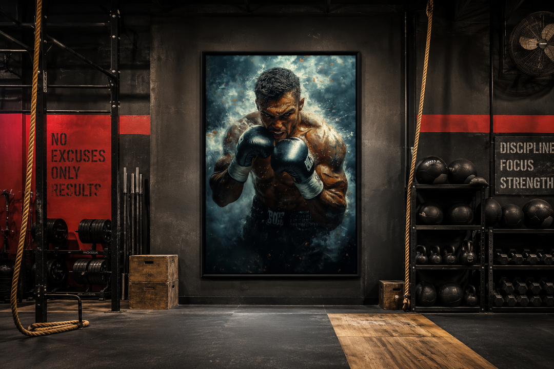 Dramatic vertical boxer wall art print hanging in a dark, industrial gym with fitness equipment.