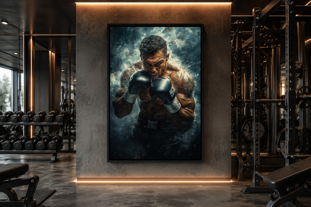 Dramatic vertical boxer wall art print in a modern gym setting with weights and equipment.
