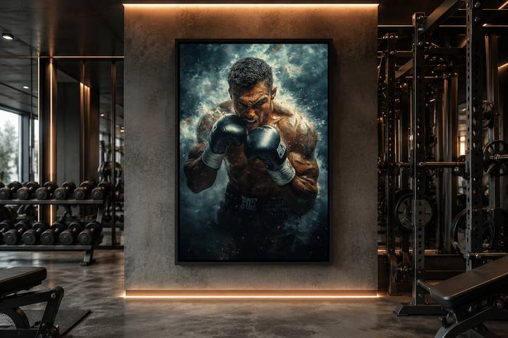 Dramatic vertical boxer wall art print in a modern gym setting with weights and equipment.