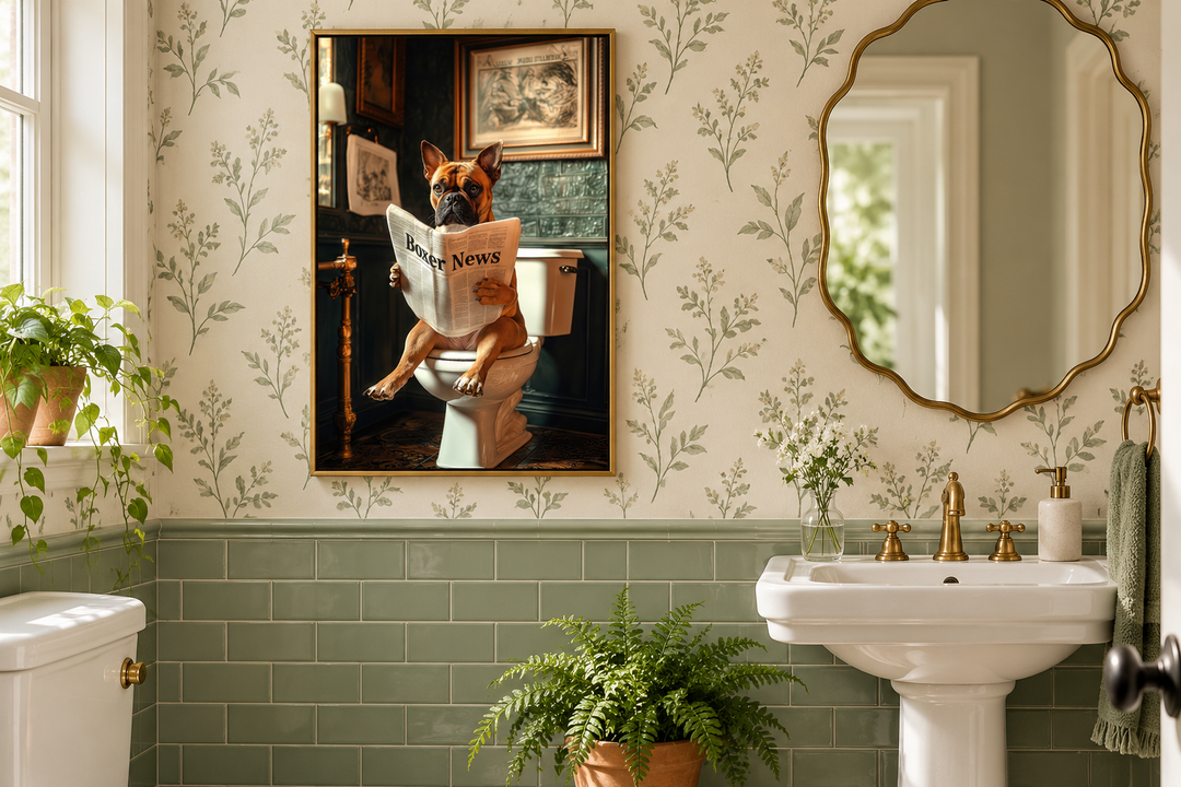 Framed canvas art of a boxer dog reading a newspaper on a toilet in a green botanical bathroom.