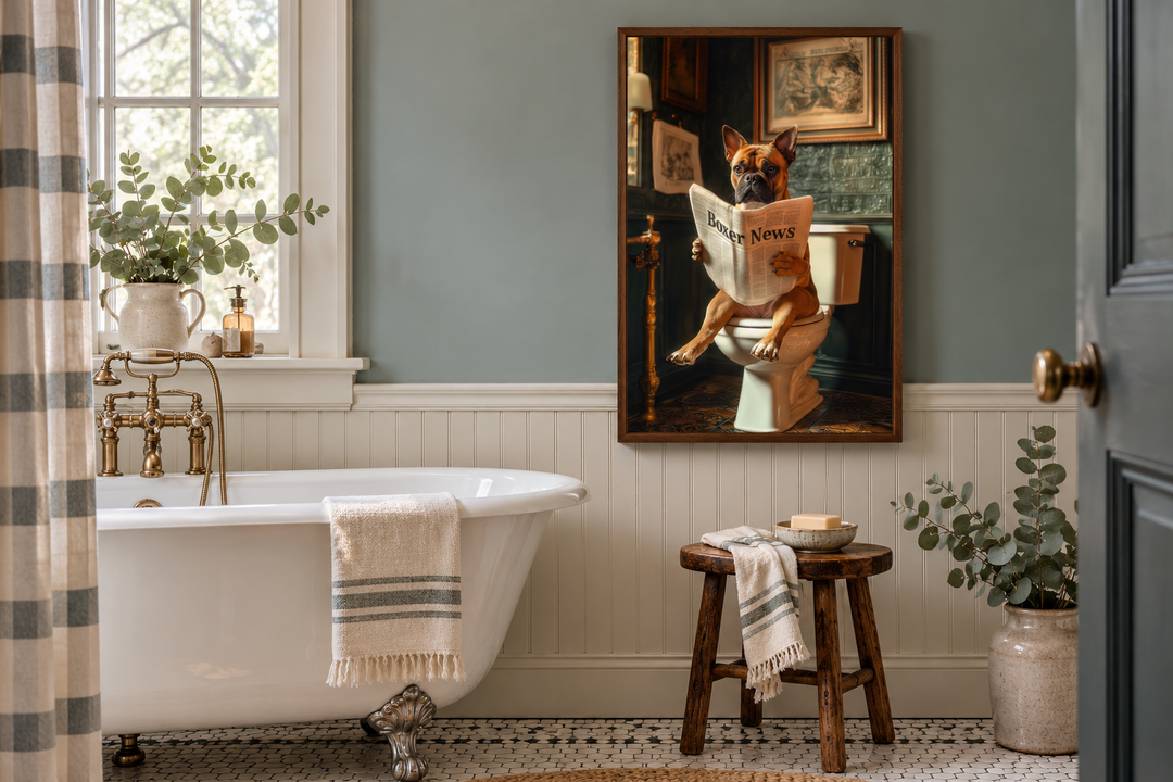 Framed canvas art of a boxer dog reading a newspaper on a toilet in a farmhouse-style bathroom.