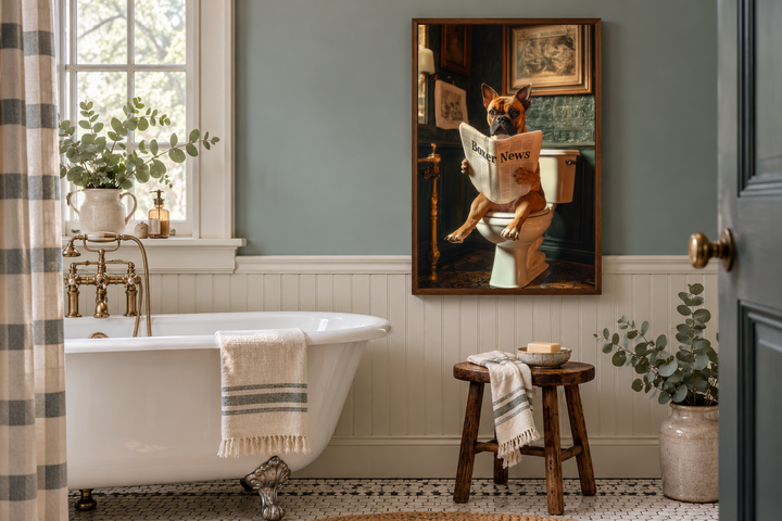 Framed canvas art of a boxer dog reading a newspaper on a toilet in a farmhouse-style bathroom.