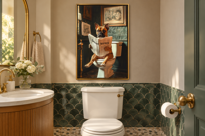 Framed canvas art of a boxer dog reading a newspaper on a toilet, hung in a green tiled bathroom.