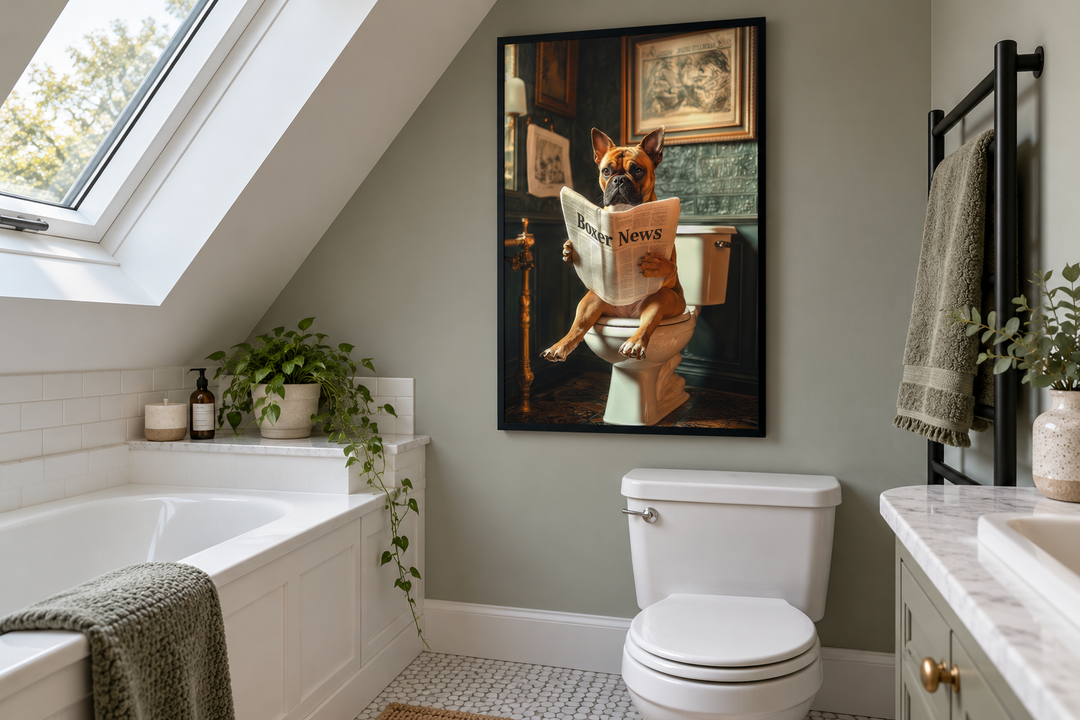 Boxer dog reading a newspaper on a toilet canvas wall art hanging in a modern bathroom.