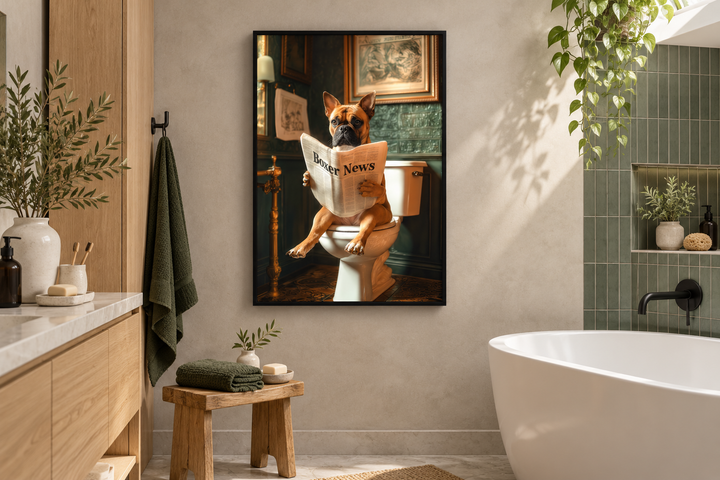 Boxer dog reading a newspaper on a toilet, framed canvas wall art in a modern spa bathroom.