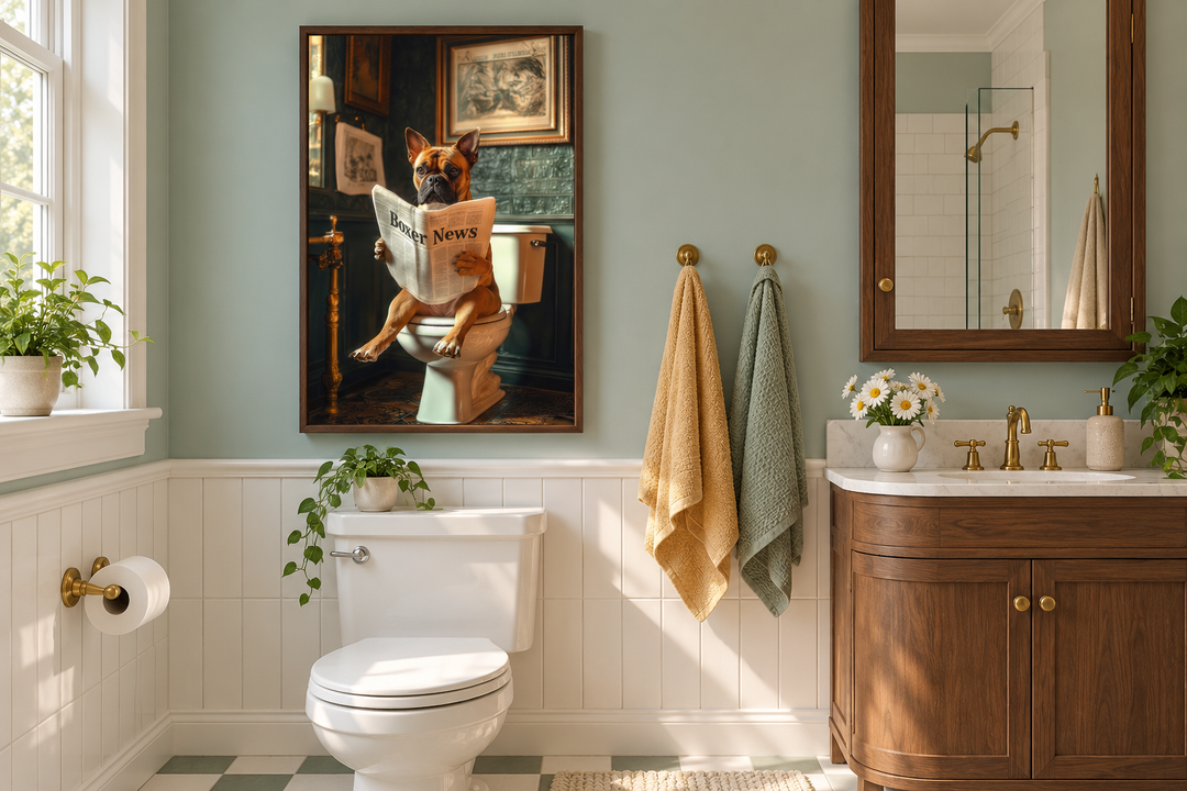 Boxer dog reading a newspaper on a toilet canvas wall art hanging in a modern bathroom.