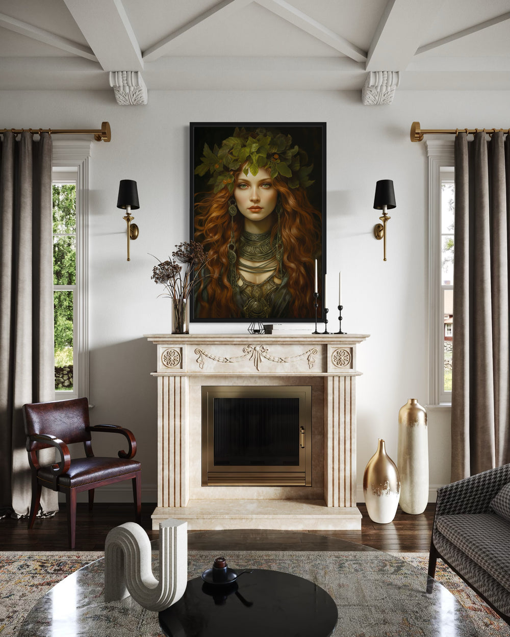 Brigid Celtic Goddess framed canvas wall art hanging above a fireplace in a classic living room.