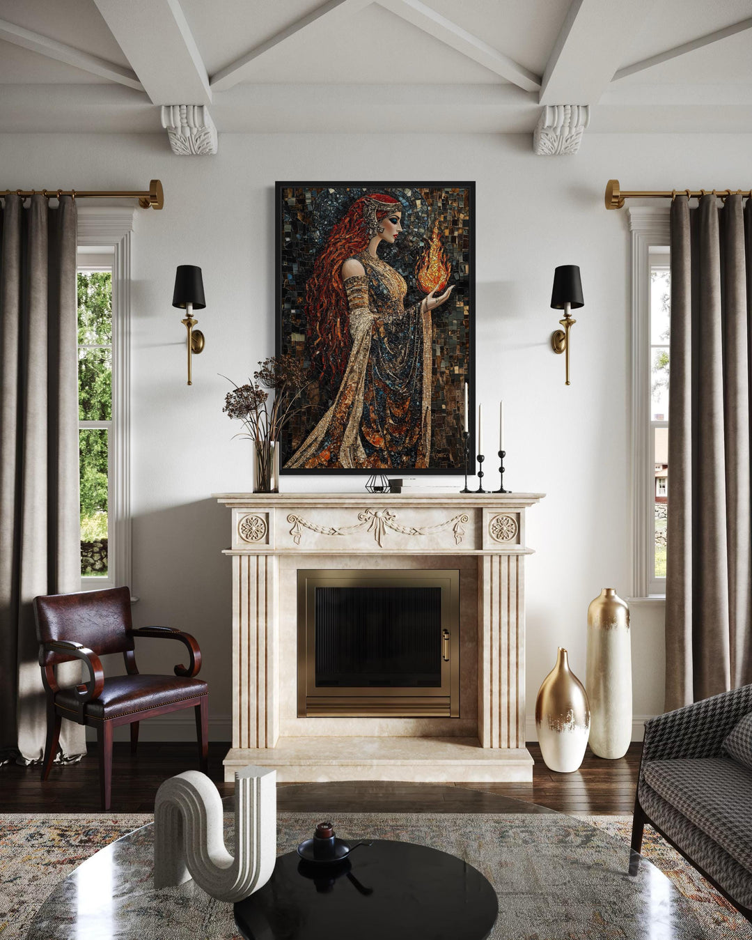 Brigid Celtic Goddess mosaic canvas wall art above a fireplace in a classic living room.