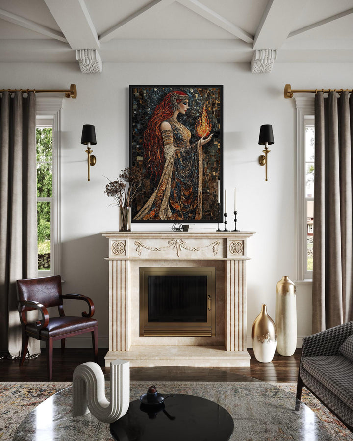 Brigid Celtic Goddess mosaic canvas wall art above a fireplace in a classic living room.