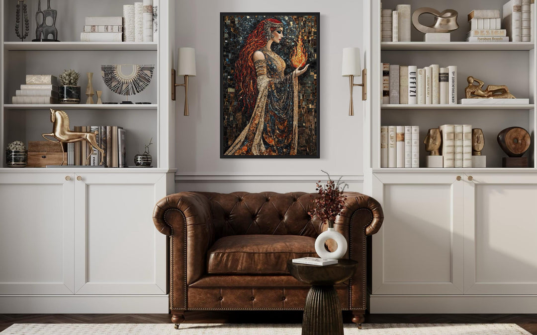 Brigid Celtic Goddess holding fire mosaic painting canvas wall art in a library setting.