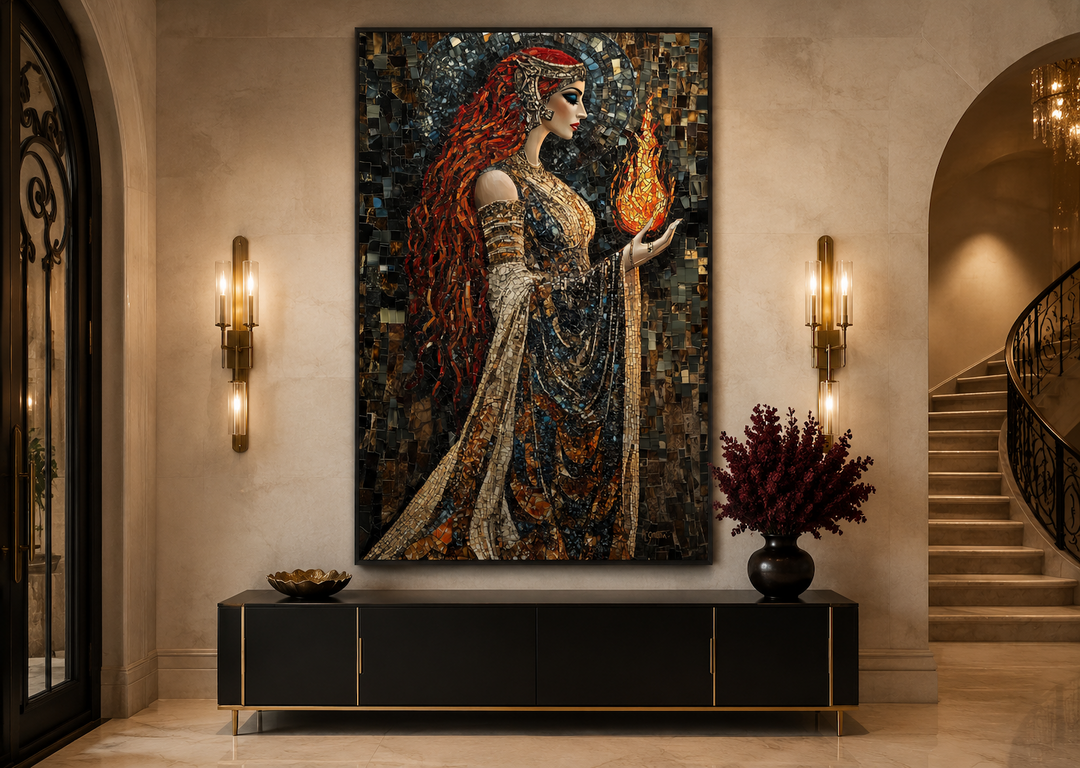 Brigid Celtic Goddess mosaic canvas wall art showing a woman holding fire in a modern hallway.