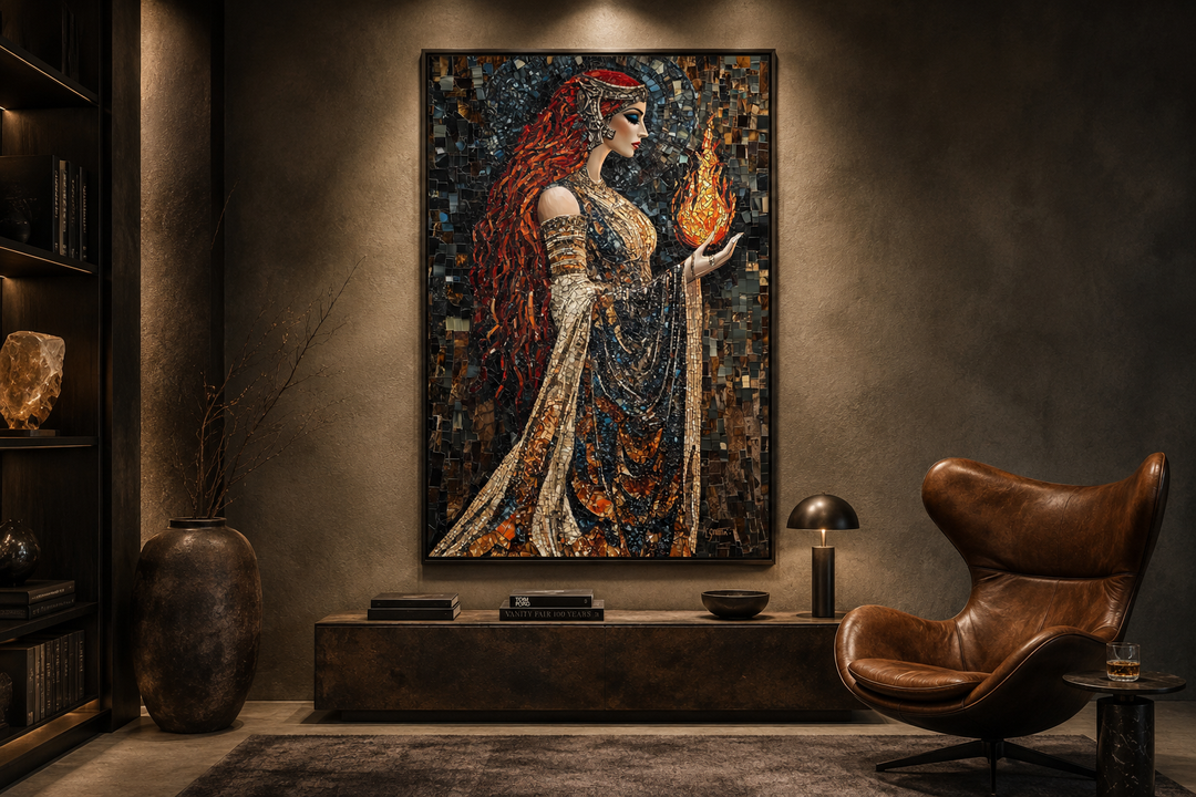 Brigid Celtic Goddess mosaic canvas wall art of a woman holding fire in a dark, modern room.