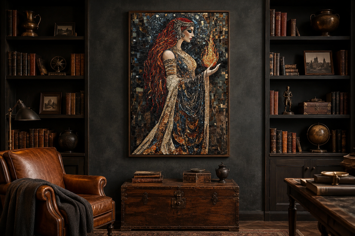 Brigid Celtic Goddess mosaic painting canvas wall art of a woman holding fire in a dark library.