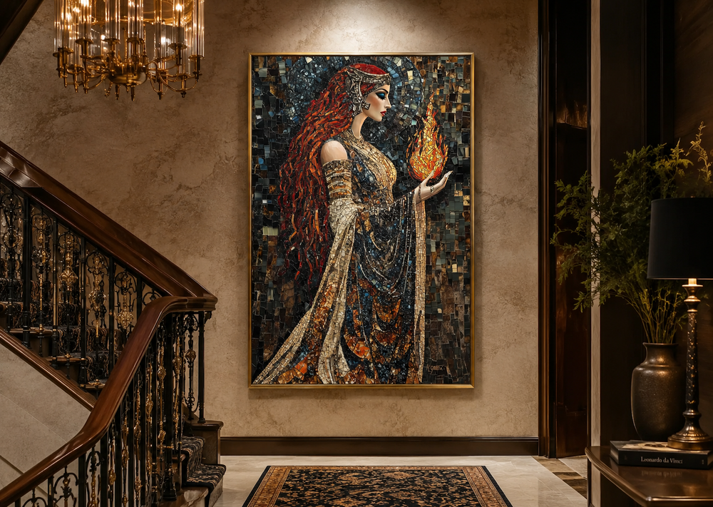 Brigid Celtic Goddess mosaic canvas wall art of a woman holding fire in a grand hallway.