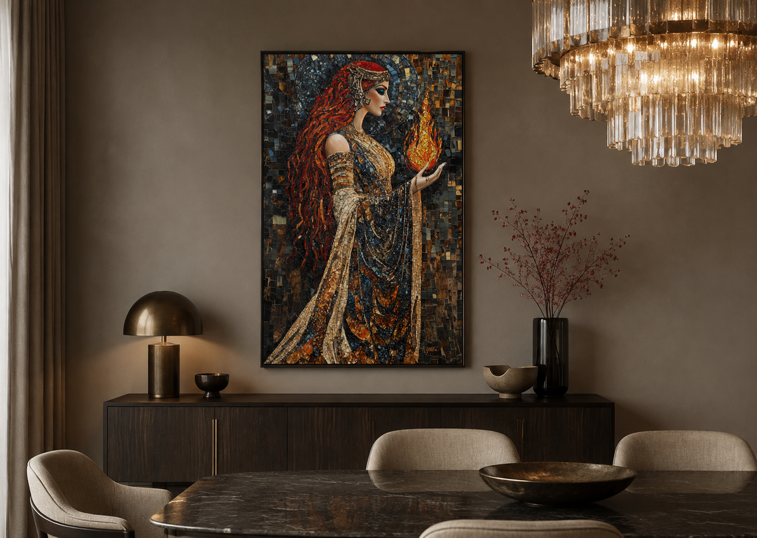 Brigid Celtic Goddess mosaic canvas wall art featuring a woman holding a flame in a dining room.