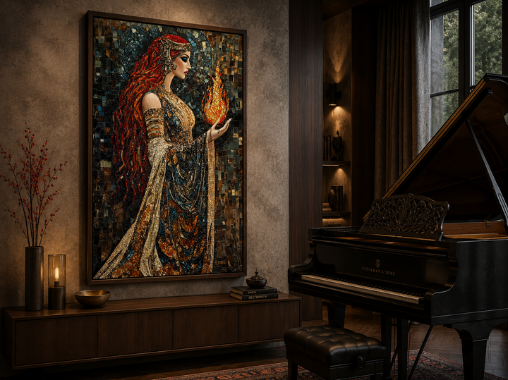 Mosaic canvas wall art of Brigid Celtic goddess holding fire, framed above a dark wood sideboard.