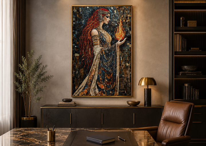 Brigid Celtic Goddess mosaic painting canvas wall art showing a woman holding a sacred flame.