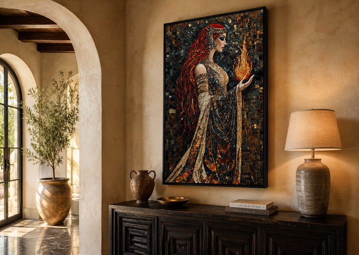 Brigid Celtic Goddess mosaic canvas wall art of a woman holding fire in a dark frame on a tan wall.