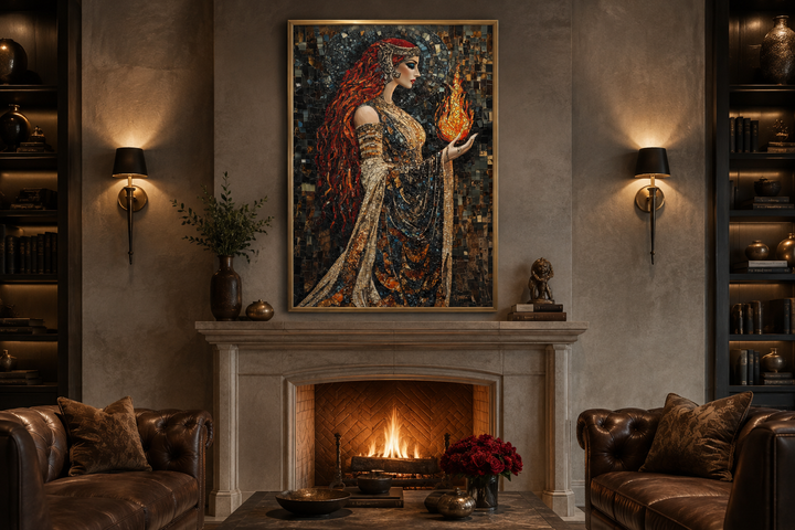 Brigid Celtic Goddess mosaic canvas wall art above a fireplace in a moody, classic living room.
