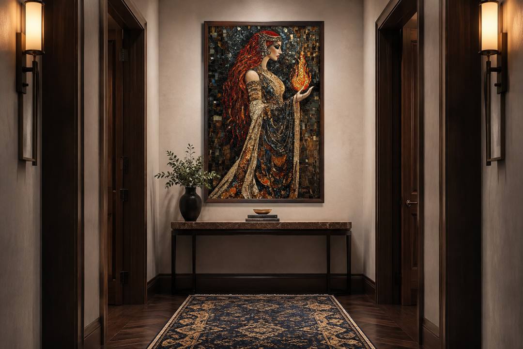 Mosaic-style canvas painting of Brigid, the Celtic goddess, holding a flame in a hallway setting.