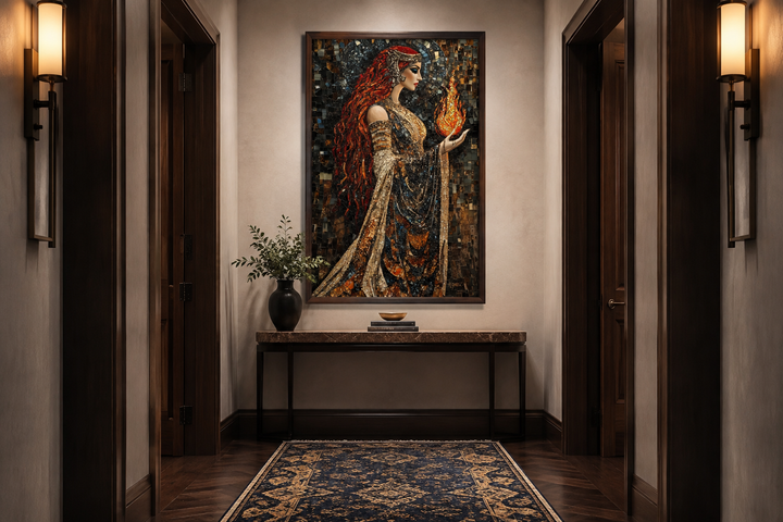 Mosaic-style canvas painting of Brigid, the Celtic goddess, holding a flame in a hallway setting.