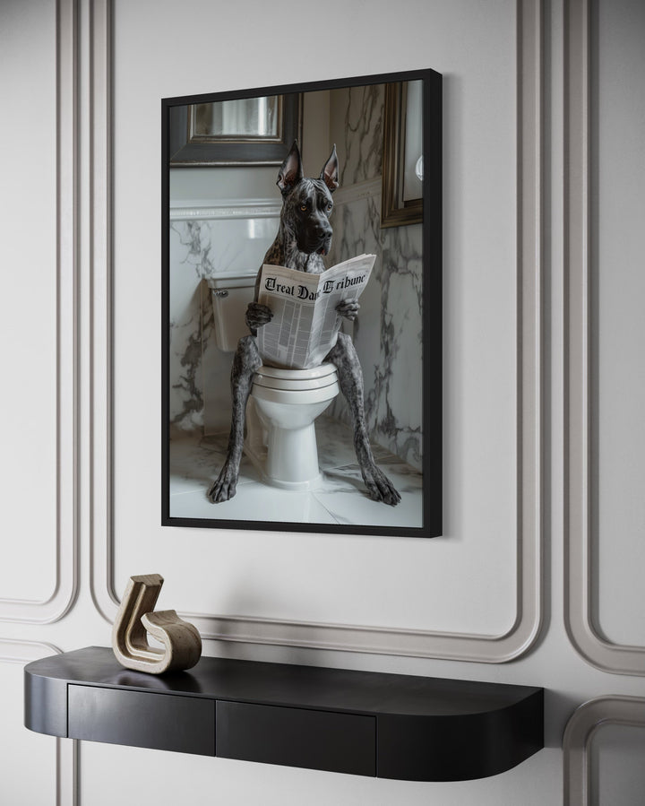 Brindle Great Dane On The Toilet Reading Newspaper Picture side view