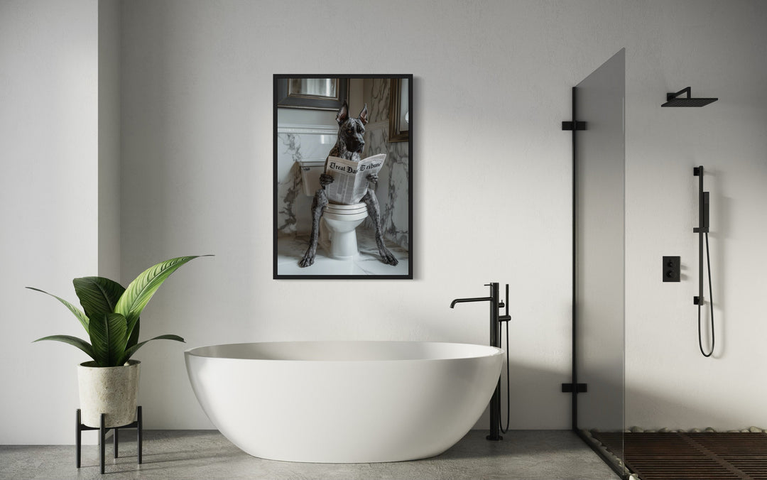 Brindle Great Dane On The Toilet Reading Newspaper Picture in a bathroom with a white tub