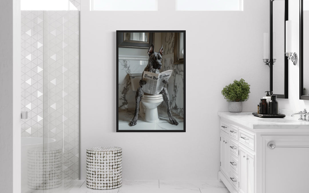 Brindle Great Dane On The Toilet Reading Newspaper Picture