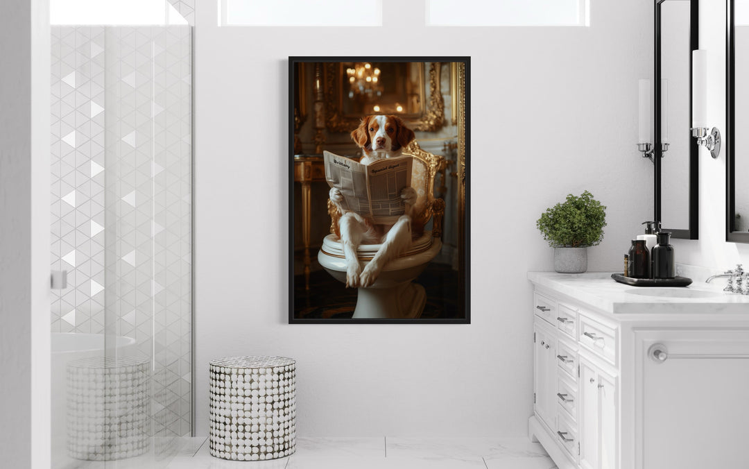 Brittany Spaniel On The Toilet Reading Newspaper Picture