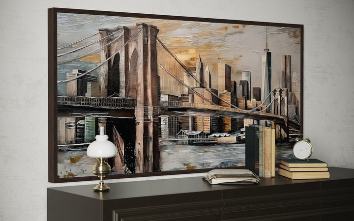 Brooklyn Bridge In New York City Abstract Framed Canvas Wall Art