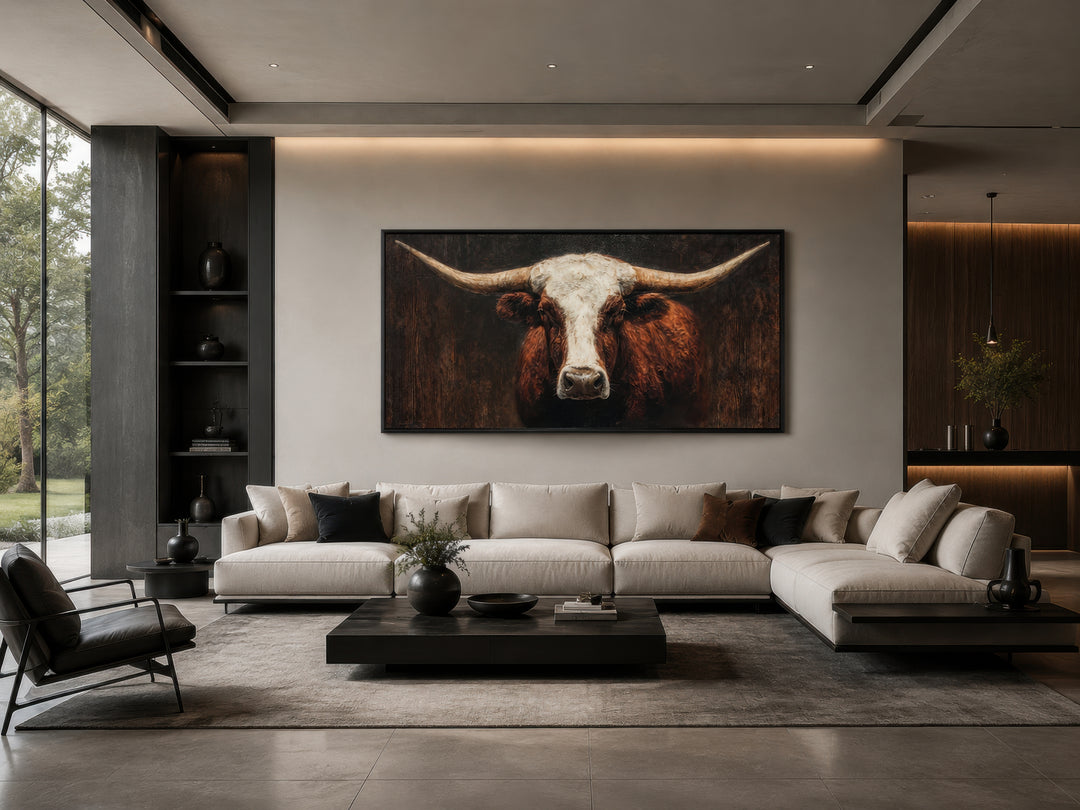 Extra large canvas wall art featuring a brown and white Texas longhorn bull in a modern living room.