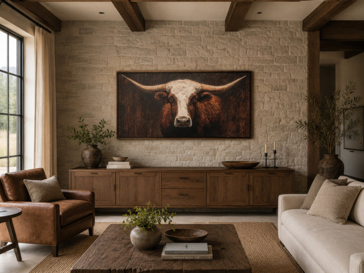 Extra large canvas wall art featuring a brown and white Texas longhorn bull in a rustic living room.