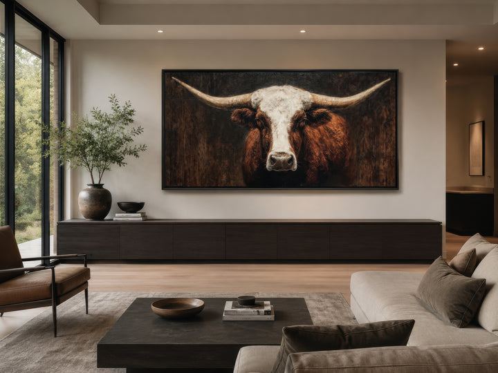Extra large canvas wall art featuring a detailed brown and white Texas longhorn bull.