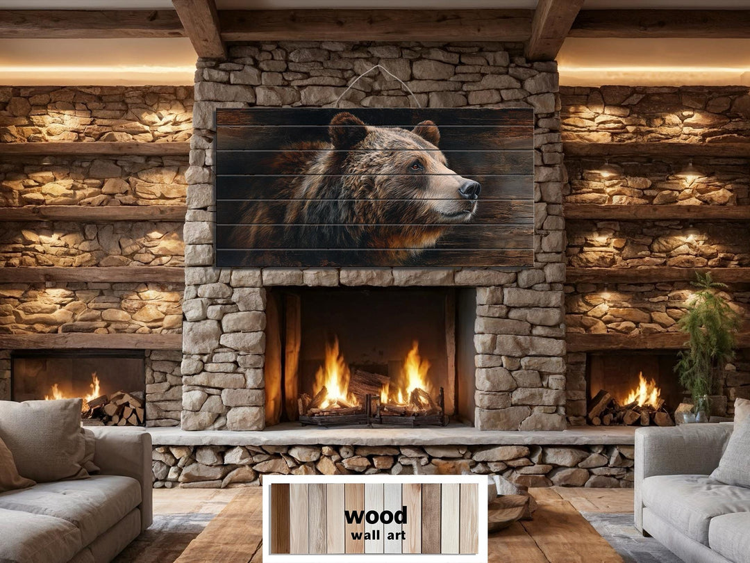 Large horizontal wood wall art featuring a detailed brown bear portrait over a stone fireplace.