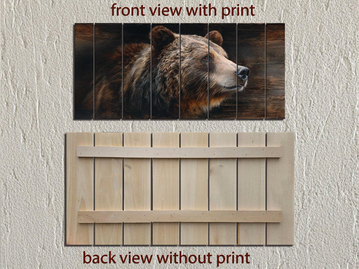 Large horizontal wood wall art featuring a detailed brown bear portrait on rustic planks.