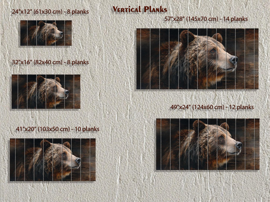 Horizontal brown bear portrait printed on vertical wooden planks in five different size options.