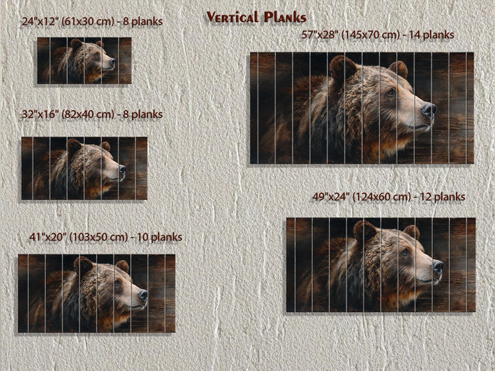 Horizontal brown bear portrait printed on vertical wooden planks in five different size options.