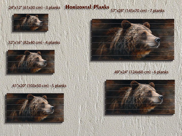 Horizontal wood plank wall art featuring a realistic brown bear portrait in various sizes.