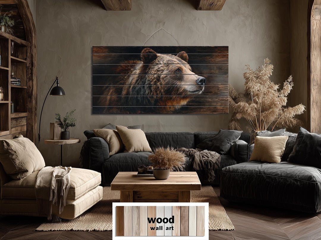 Large horizontal wood wall art featuring a detailed brown bear portrait in a rustic cabin setting.