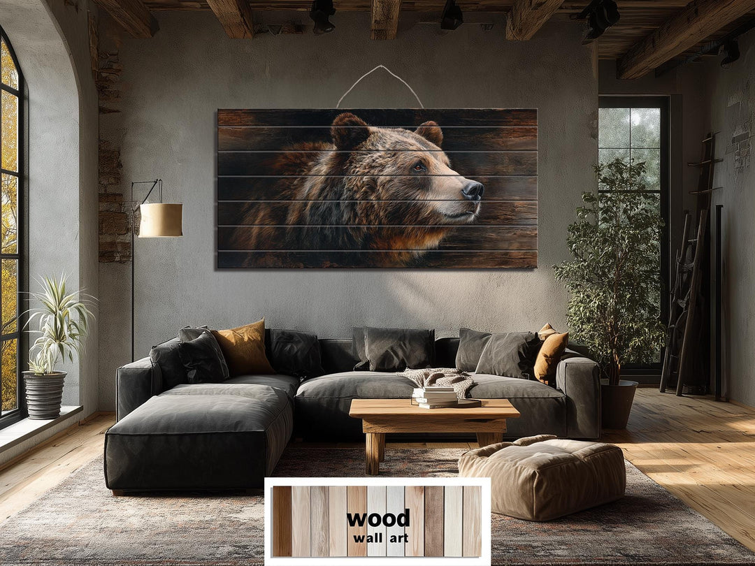 Large horizontal wood wall art featuring a detailed brown bear portrait on rustic timber planks.