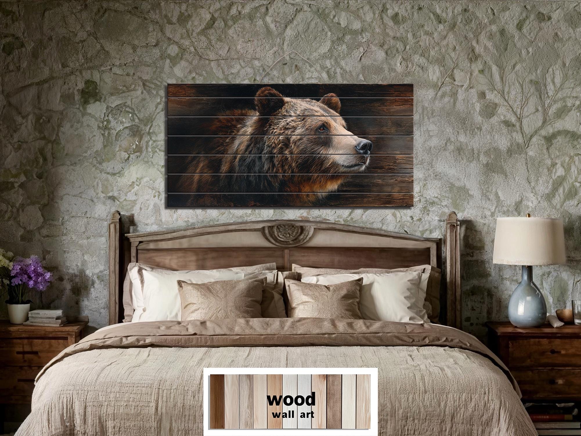 Brown Bear Portrait Large Horizontal Wood Wall Art For Cabin Decor