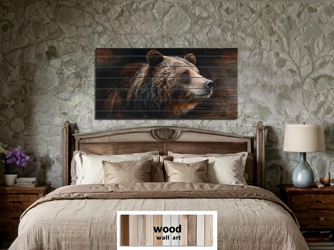 Large horizontal wood wall art featuring a detailed brown bear portrait above a rustic bed.