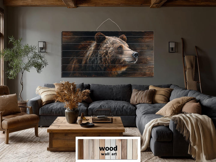 Large horizontal wood wall art featuring a detailed brown bear portrait on rustic timber planks.