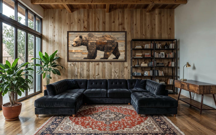 Rustic brown bear wall art with a wood-style aesthetic hangs in a cabin-inspired living room.