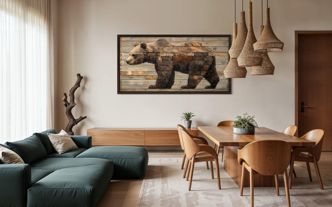 Rustic brown bear wall art with a wood-plank style canvas print in a modern dining room setting.