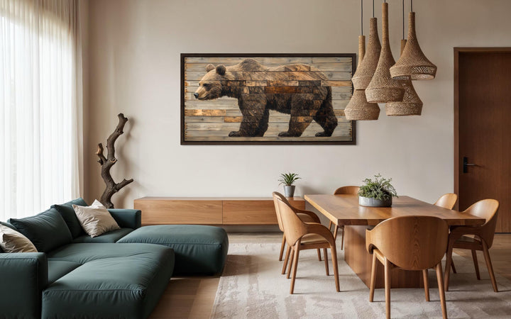 Rustic brown bear wall art with a wood-plank style canvas print in a modern dining room setting.