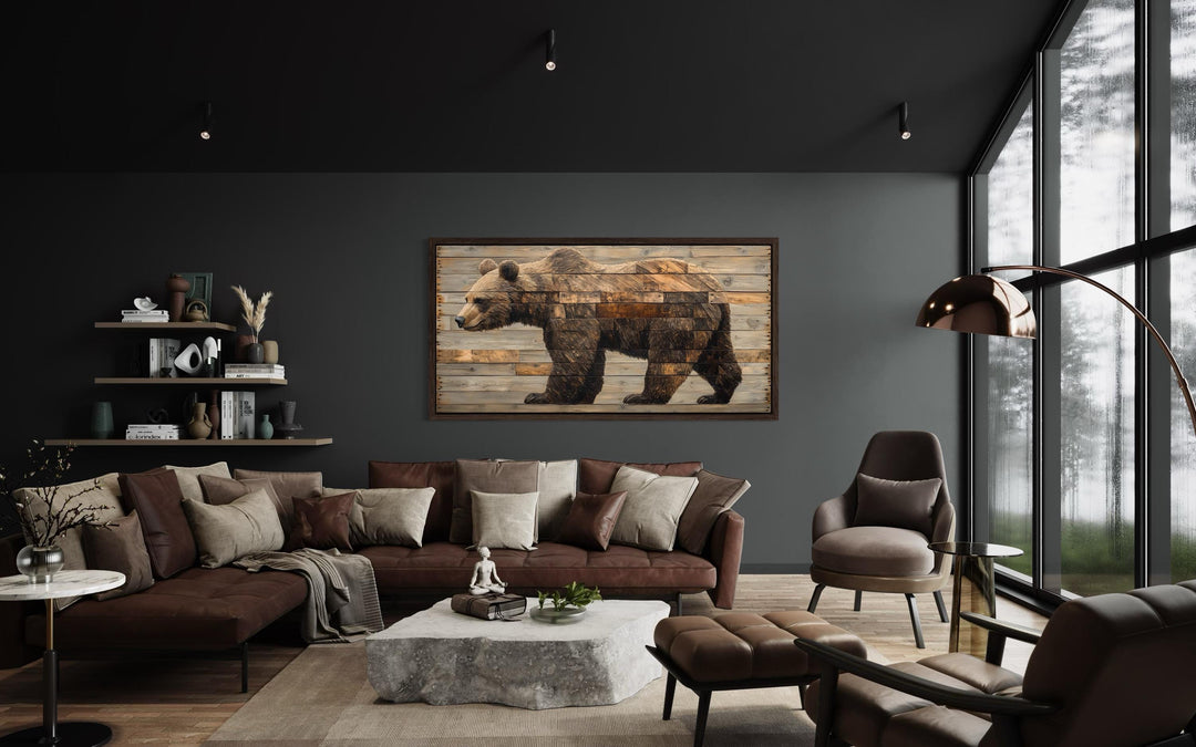 Rustic wood-style canvas painting of a brown bear on a dark wall in a modern living room.