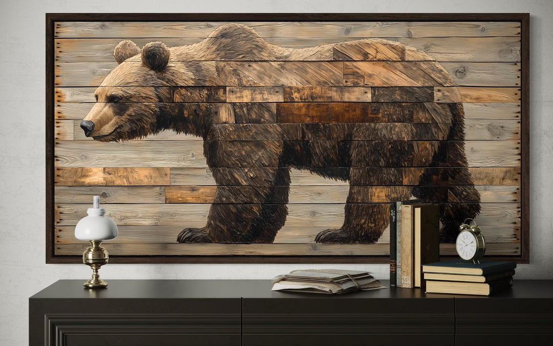 Rustic brown bear wall art with a wood-plank style canvas print in a dark frame.