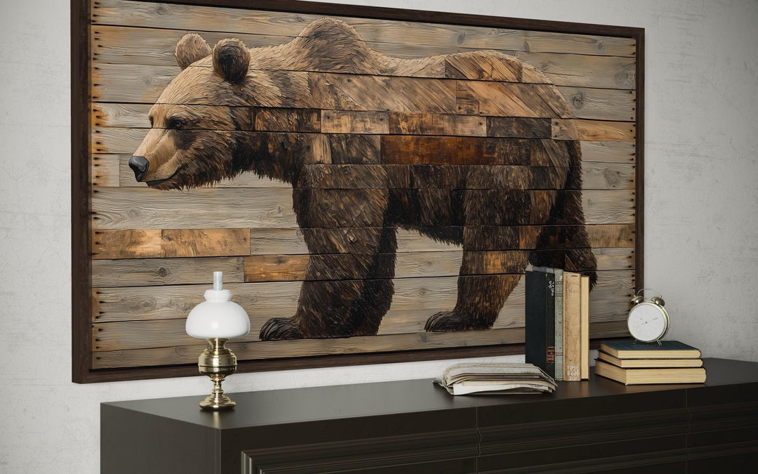 Rustic brown bear wall art with a wood-plank style canvas print displayed above a dark dresser.